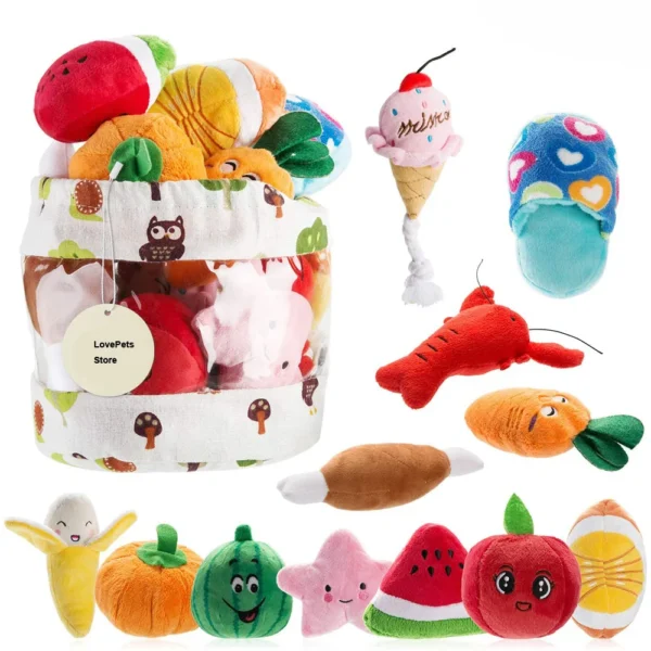 Dog Toy Storage: Pack of Squeaky Plush Toys.